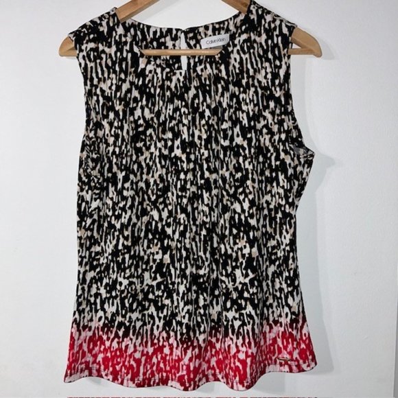 Calvin Klein Womens Black Red Animal Print Sleeveless Keyhole Blouse Size L - Picture 1 of 5